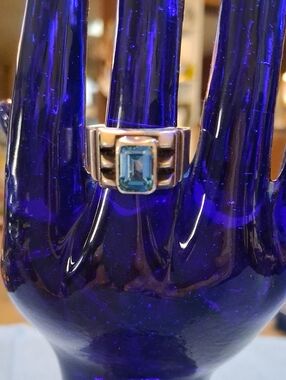 Vintage Blue Emerald-Cut Ring with Sterling Silver Band